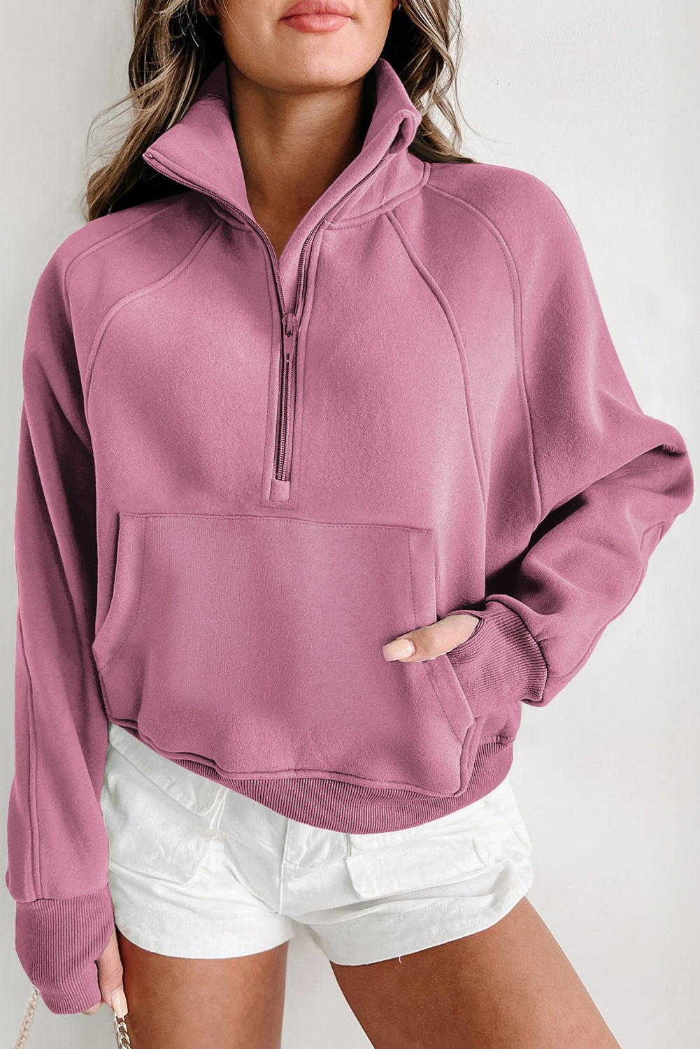 Solid Fleece-Lined Half-Zip Up Collar Sweatshirt