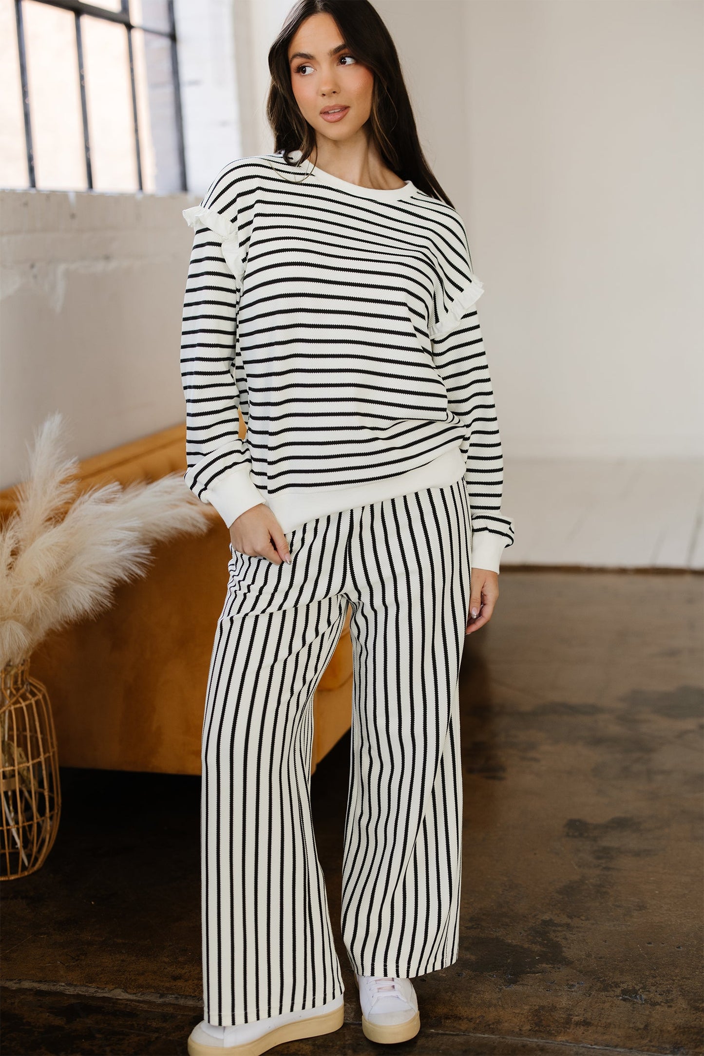Stripe Ruffle Drop Shoulder Top and Pants Set