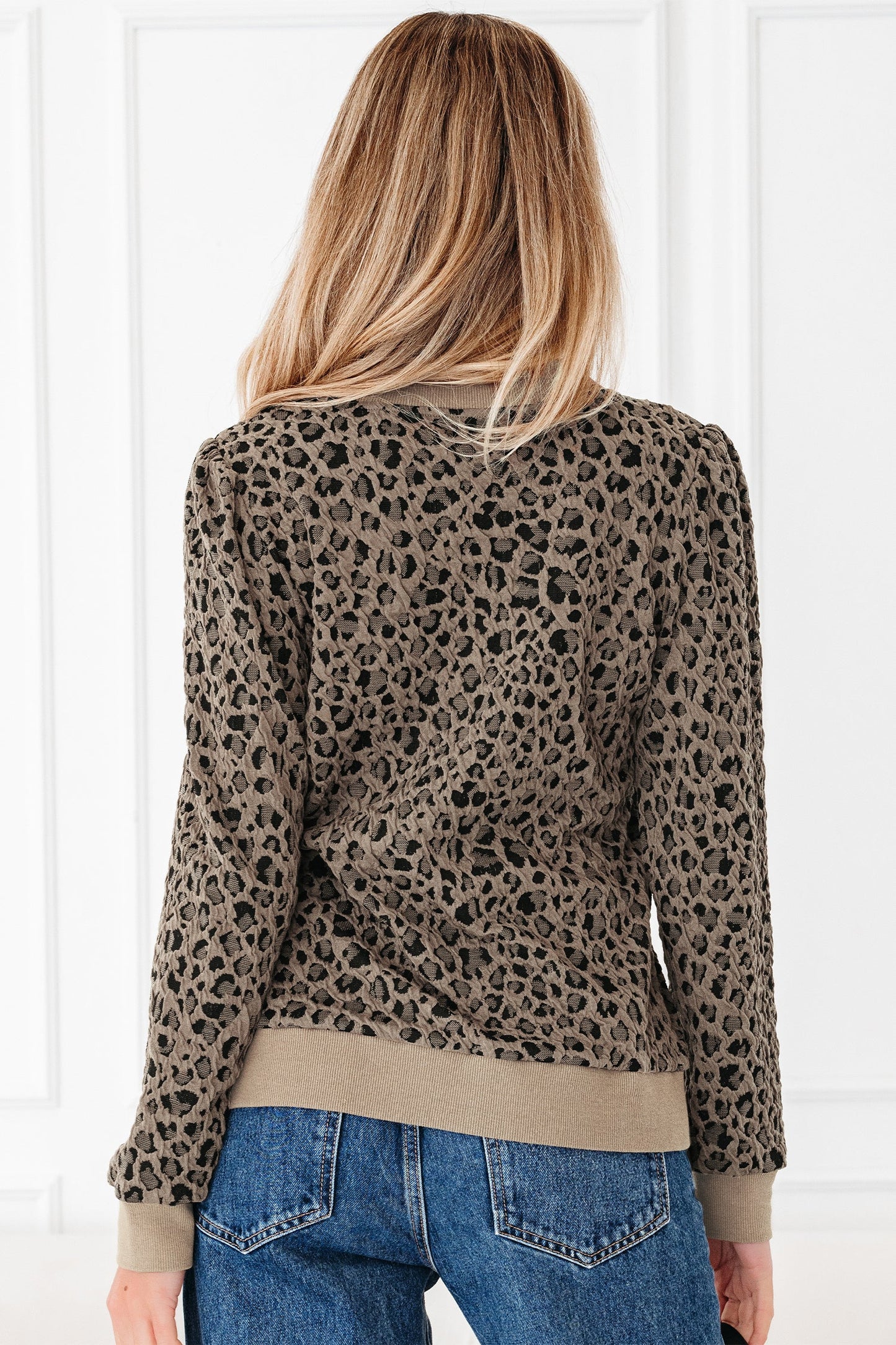 Leopard Ribbed Trim Long Sleeve Top