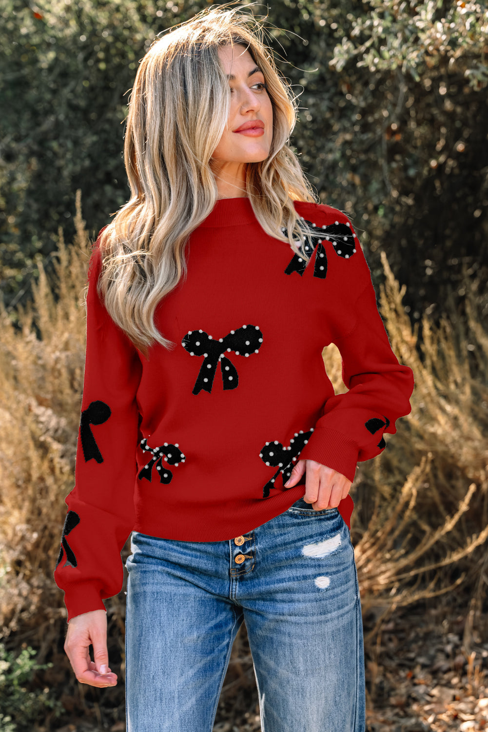 Bow Pearl Embellished Drop Shoulder Sweater
