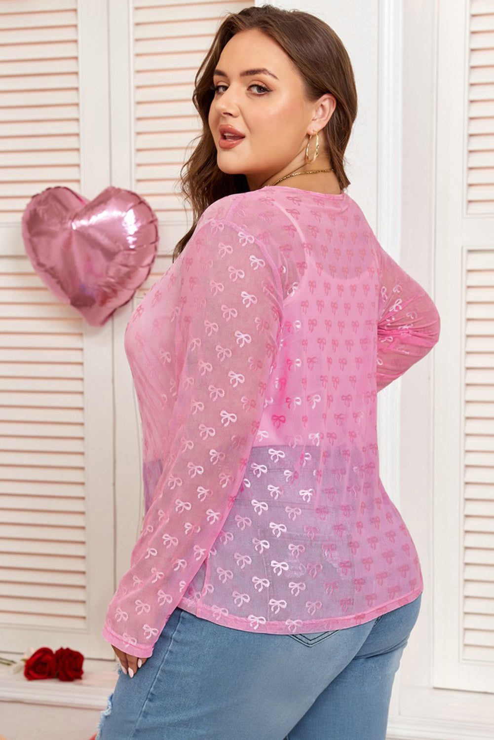 Plus Size Bow Tie Mesh Embroidered Long Sleeve Top