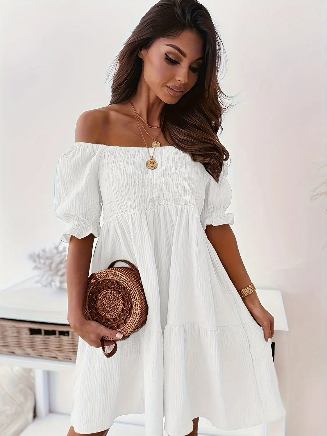 Full Size Ruffled Off Shoulder Short Sleeve Dress
