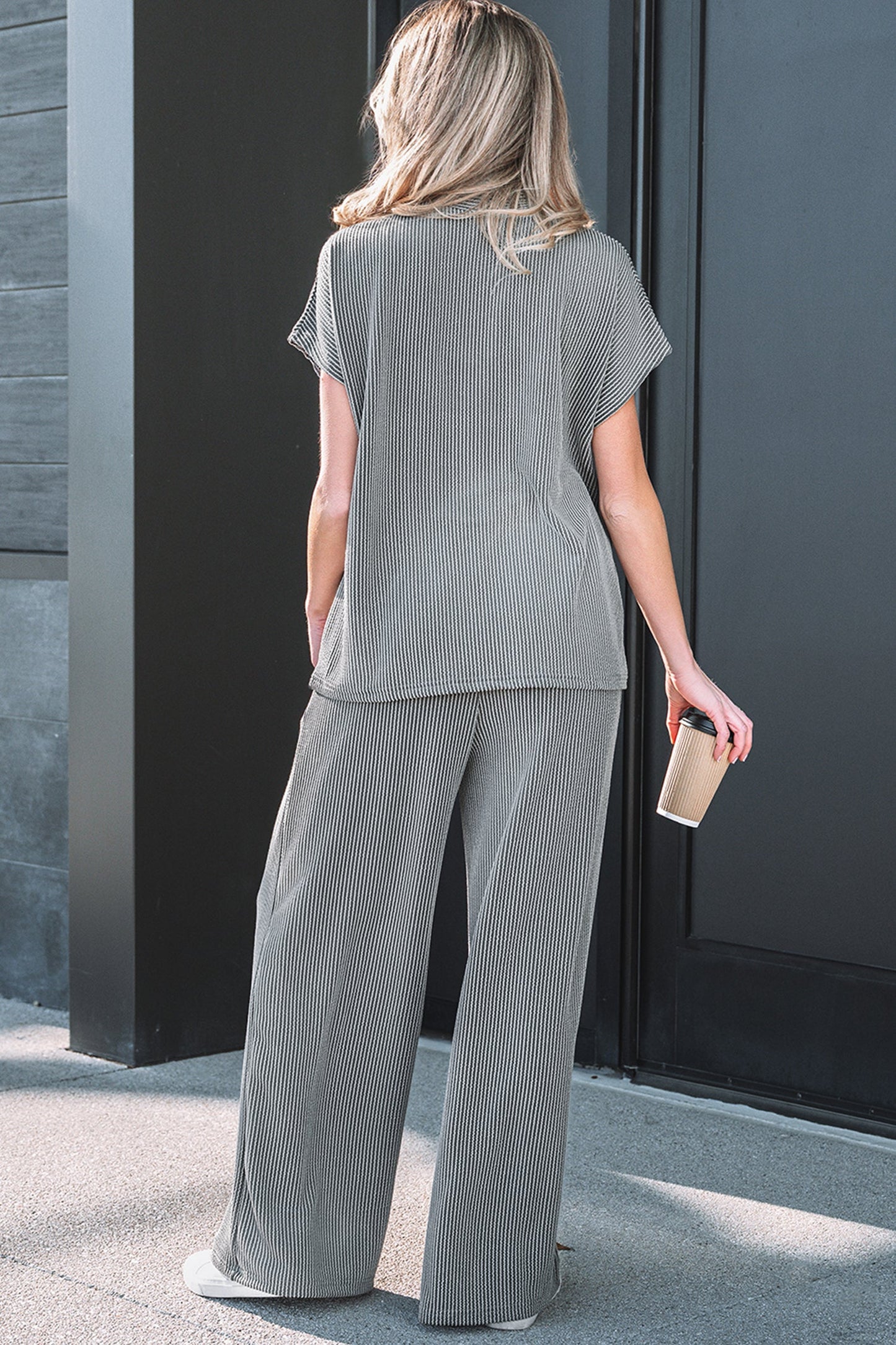 Corded Knit Mock Neck Tee and Pant Set
