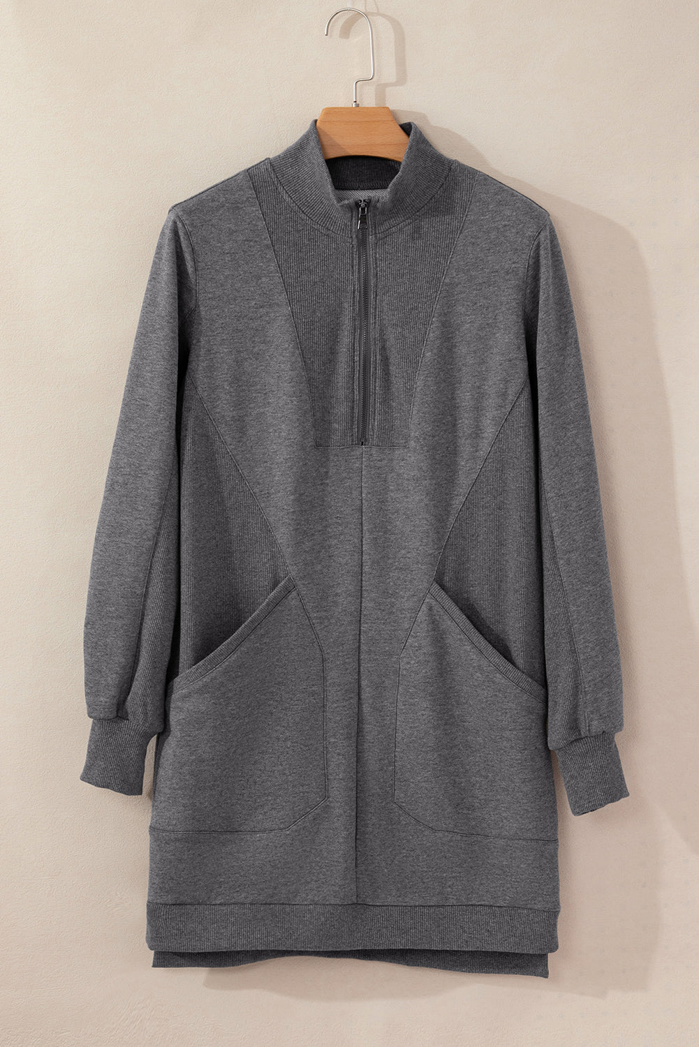 Solid Ribbed Patchwork Pocketed Sweatshirt Dress