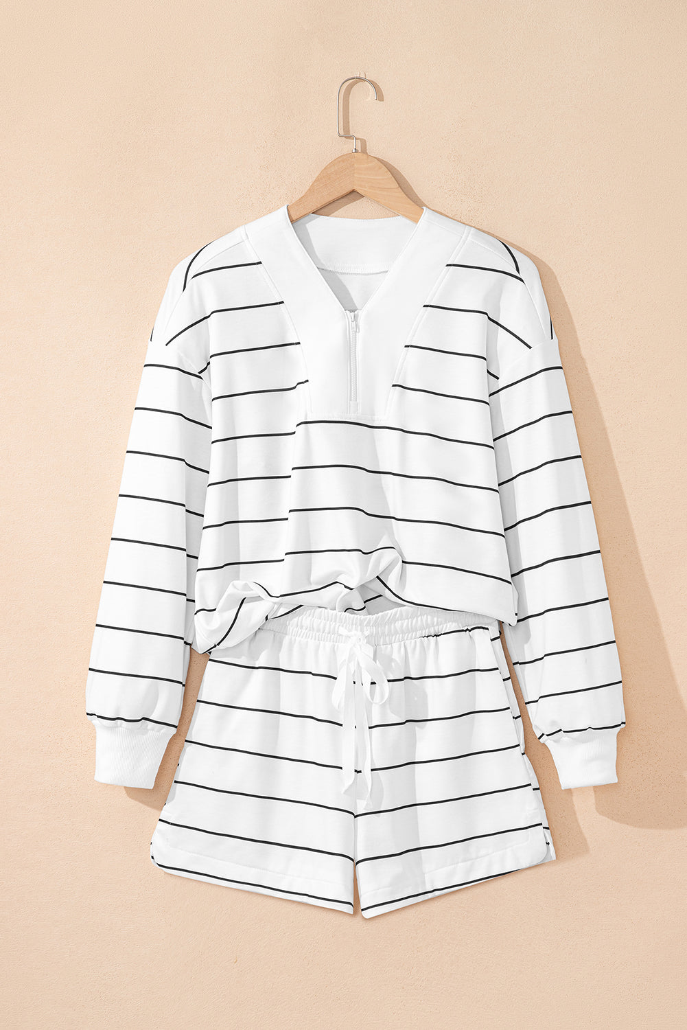 Stripe Zip-Up Drop Shoulder Pullover and Short Set