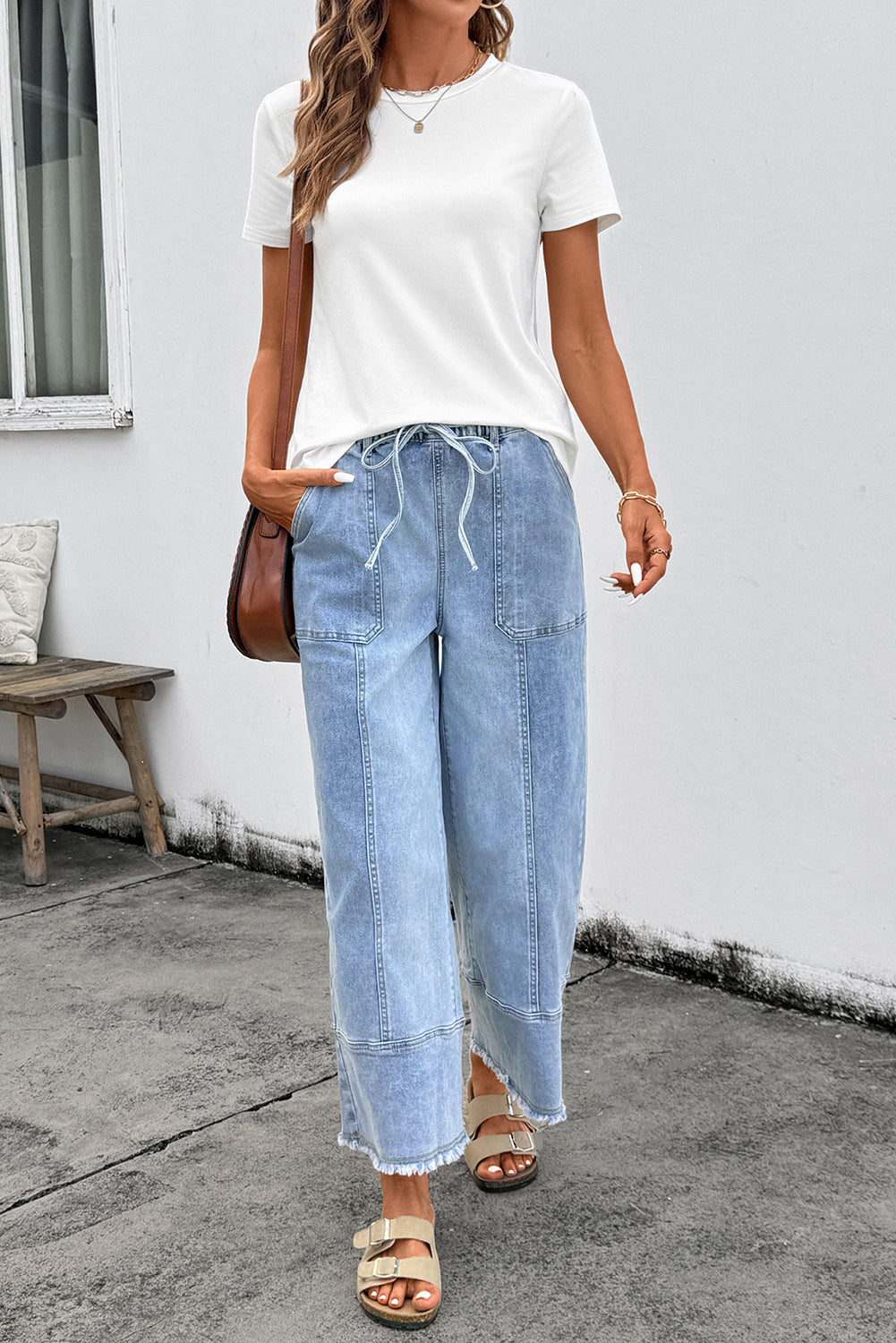 Denim Raw Hem Drawstring Wide Leg Pants