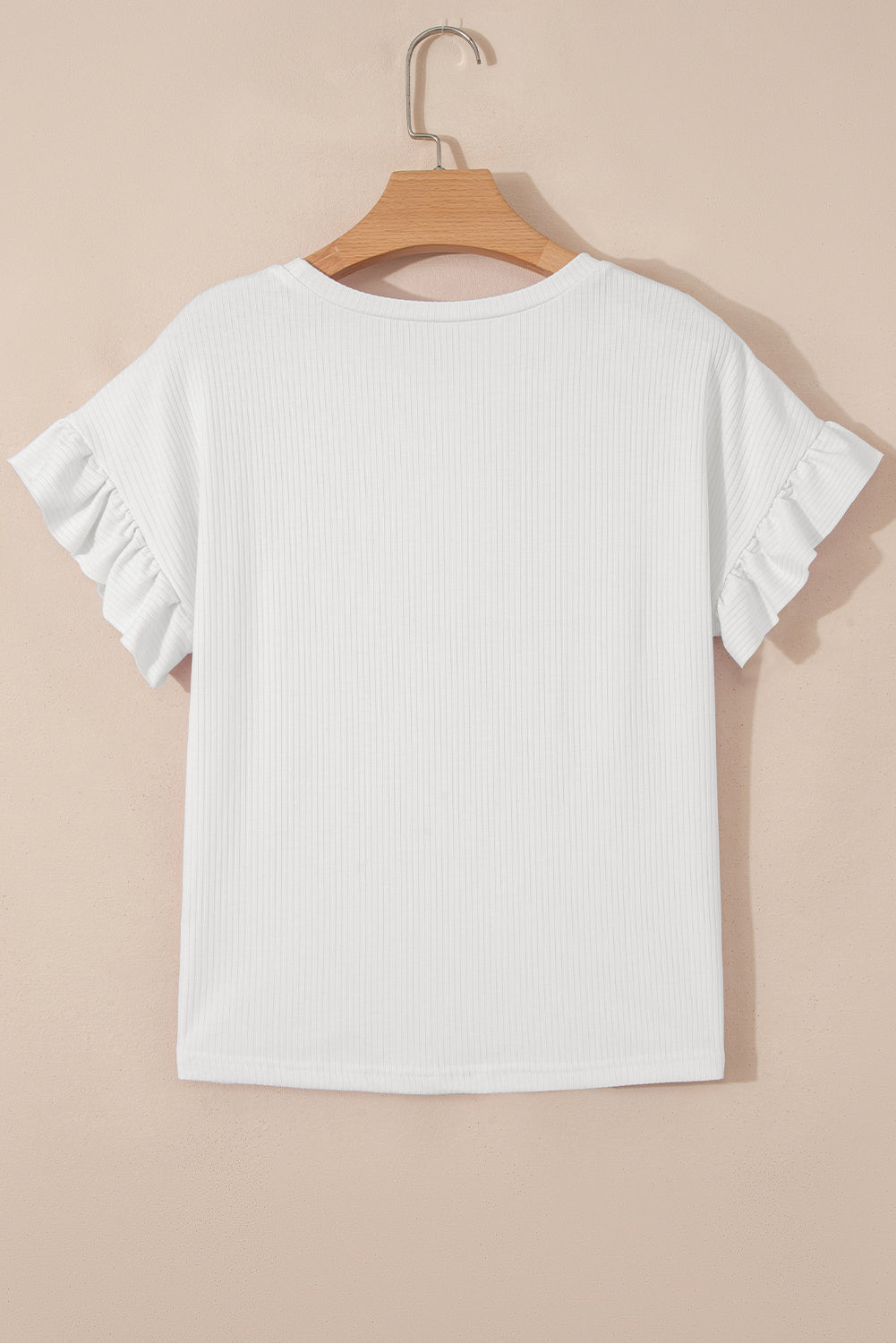 Solid Ribbed Knit Ruffle Short Sleeve T-Shirt