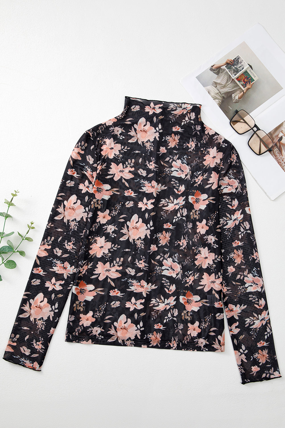 Floral Mesh Mock Neck Long Sleeve Top