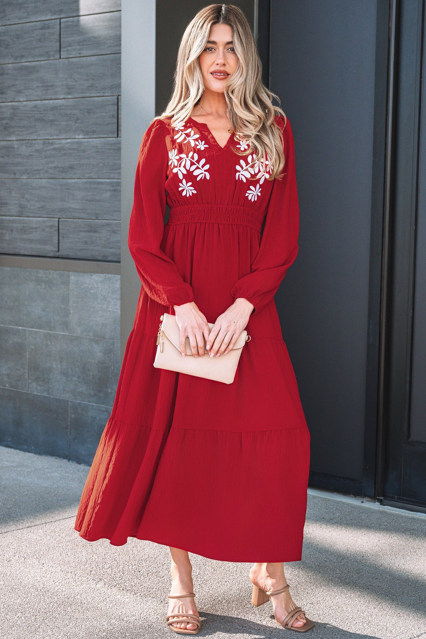 Floral Embroidered Long Sleeve Tiered Maxi Dress