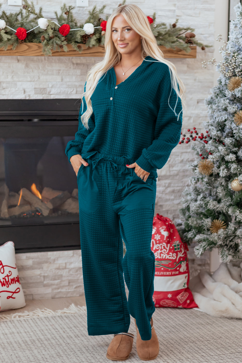 Waffle Textured Patchwork Hooded Top and Pants Set