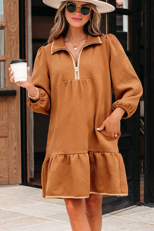 Textured Quarter Zip Collar 3/4 Sleeve Mini Dress
