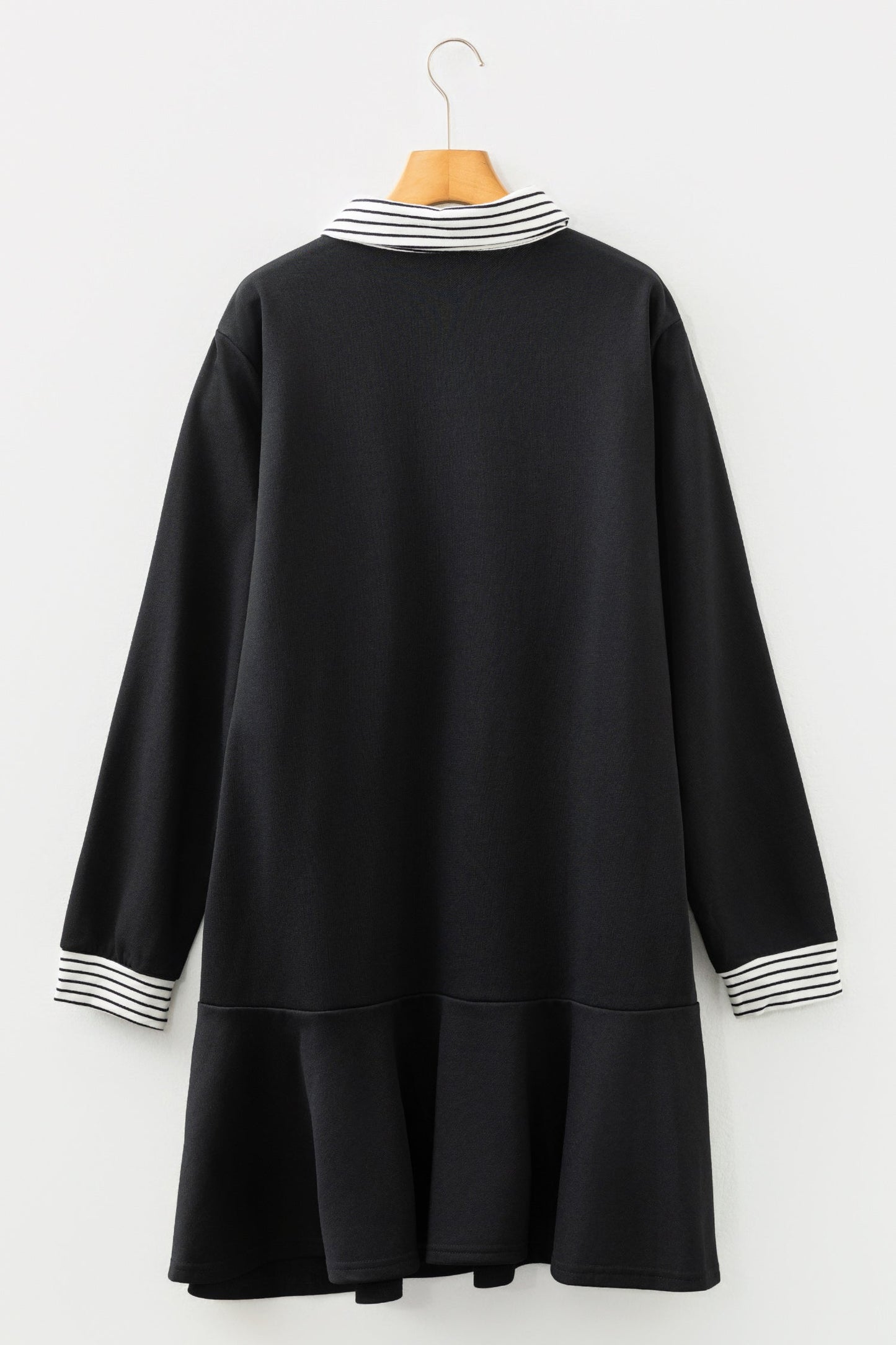 Plus Size Stripe Cuffs Collared Ruffle Hem Dress