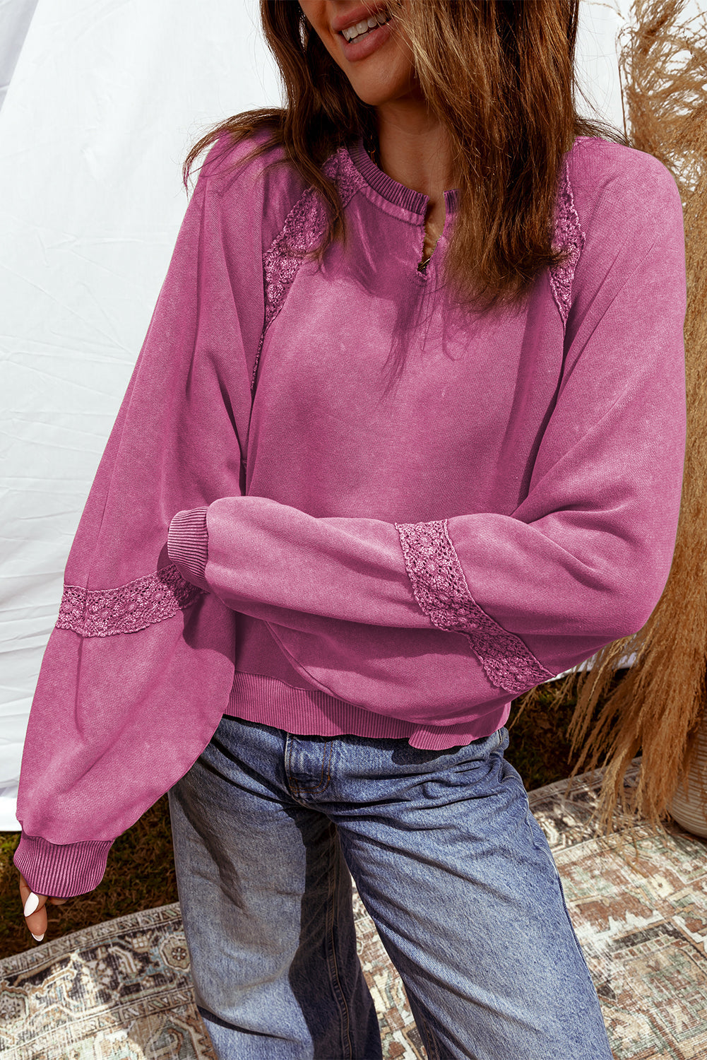 Lace Patchwork Mineral Wash Notched Neck Sweatshirt
