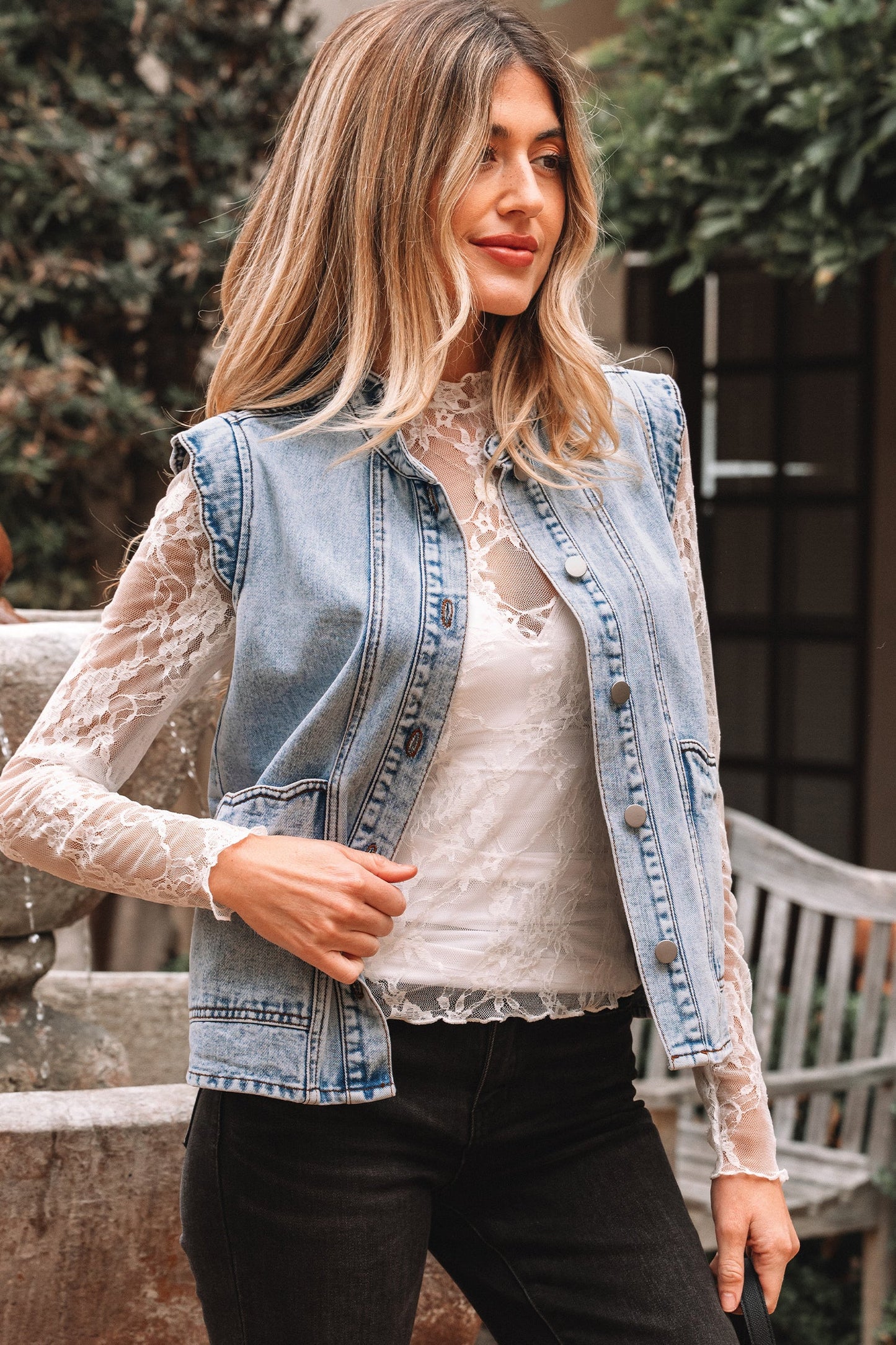 Denim Button-Front Scallop Trim Patch Pocket Vest