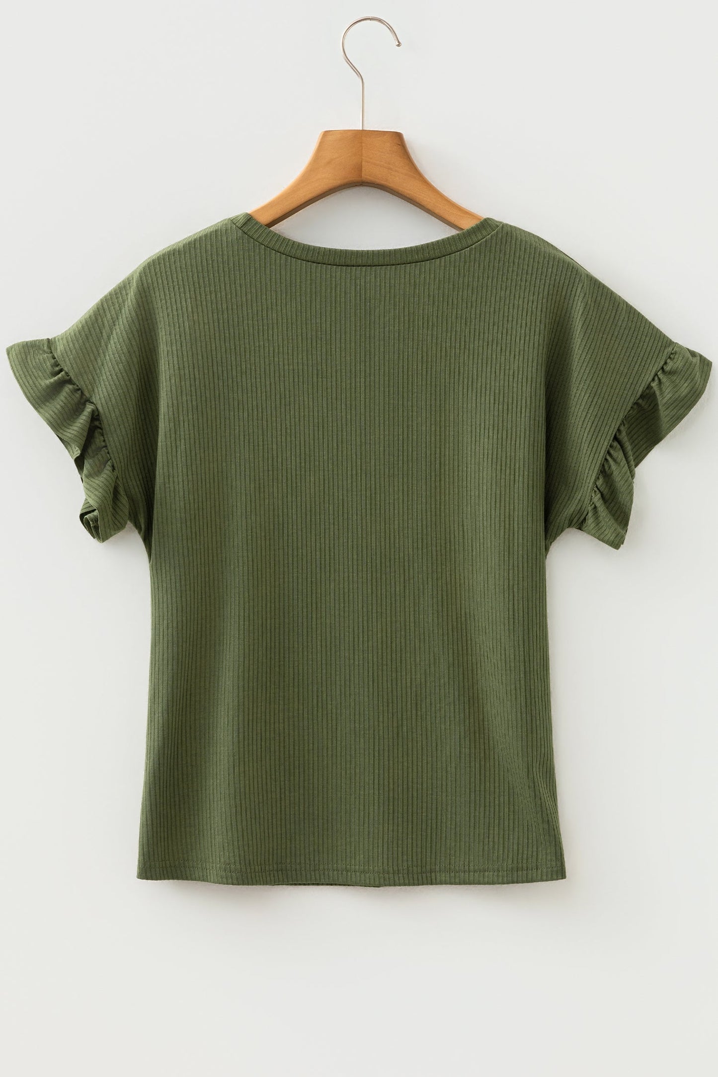 Solid Ribbed Knit Ruffle Short Sleeve T-Shirt