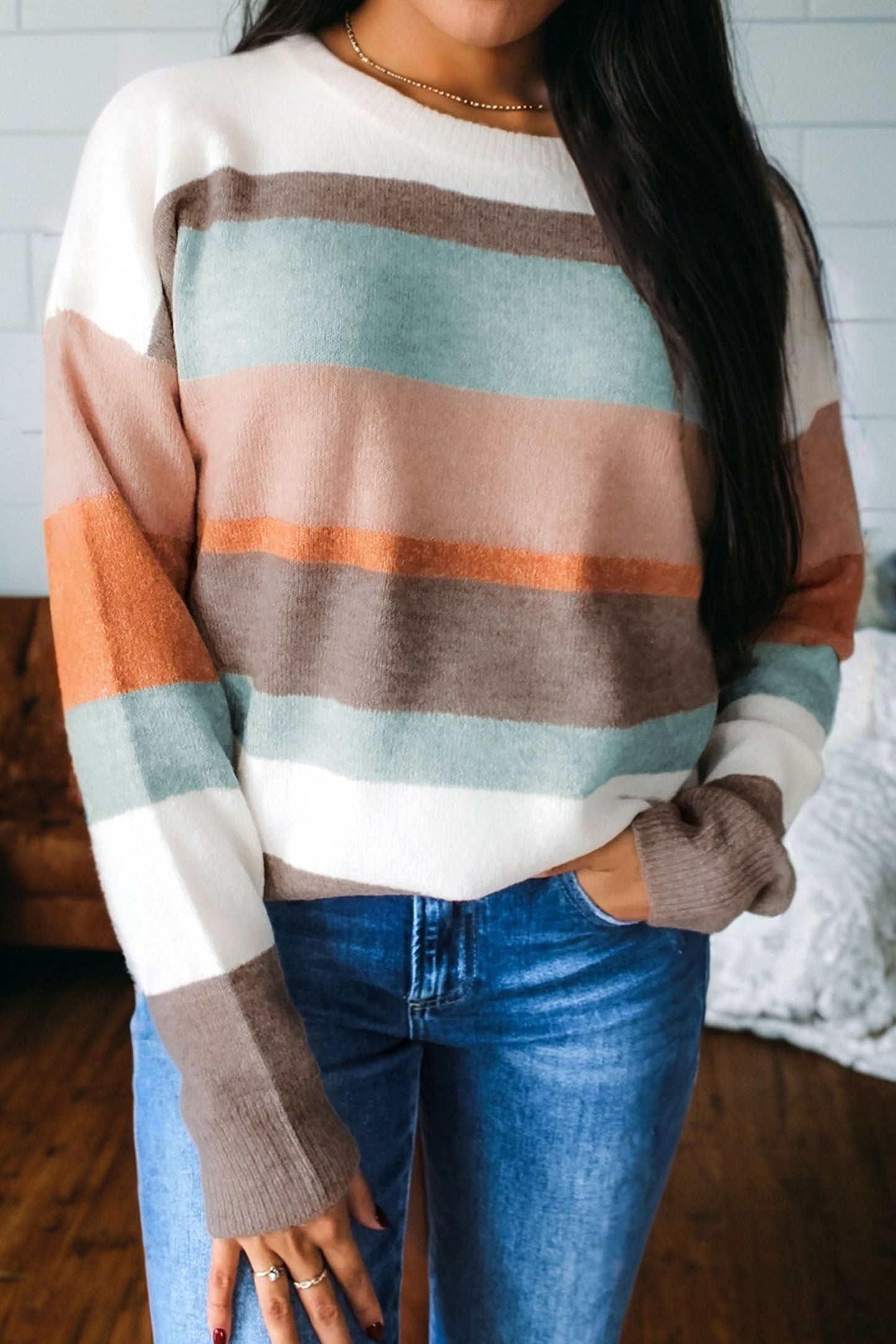 Stripe Colorblock Drop Shoulder Sweater