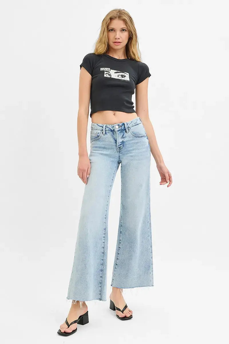 Full Size Tummy Control Low Rise Wide Leg Raw Cut Hem RISEN Jeans