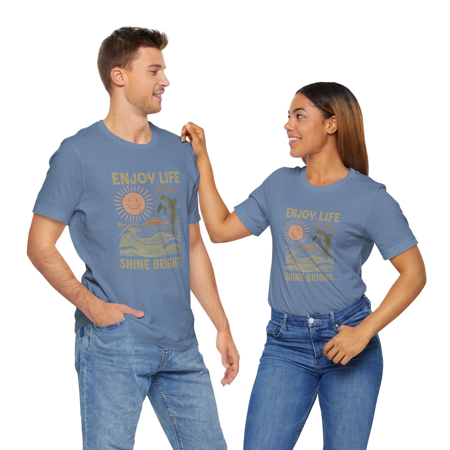 Enjoy Life Short Sleeve Tee - Retro Beach Vibes, Summer Style, Perfect Gift, Casual Wear, Dolphin Design, Fun Shirt
