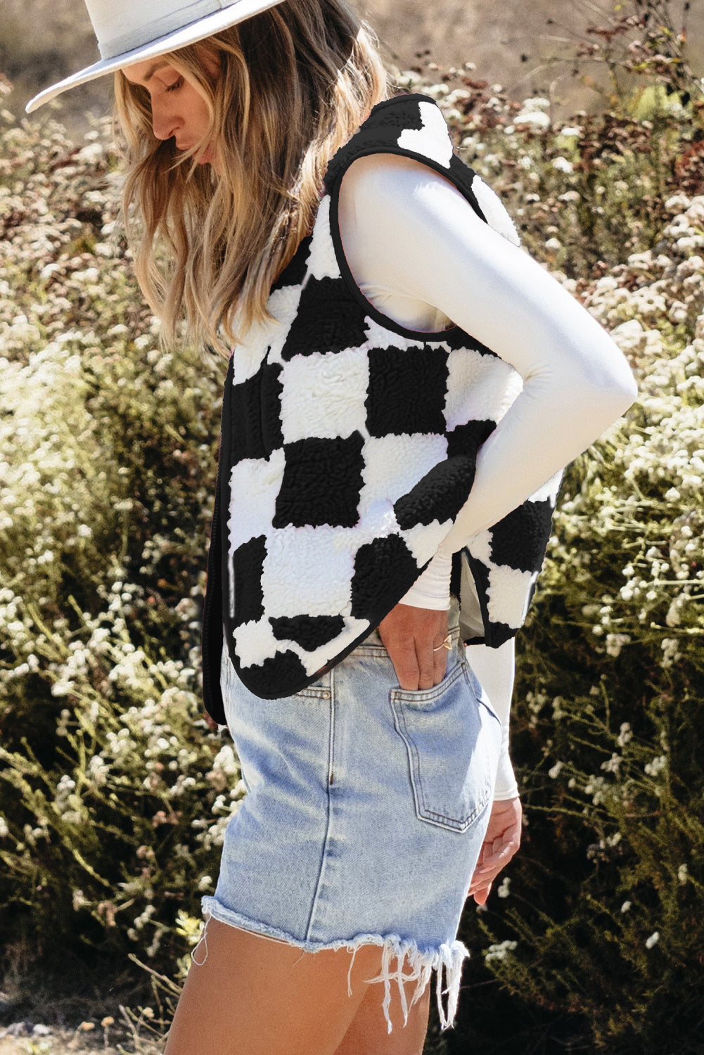 Checker Sherpa Collared Jacket Vest