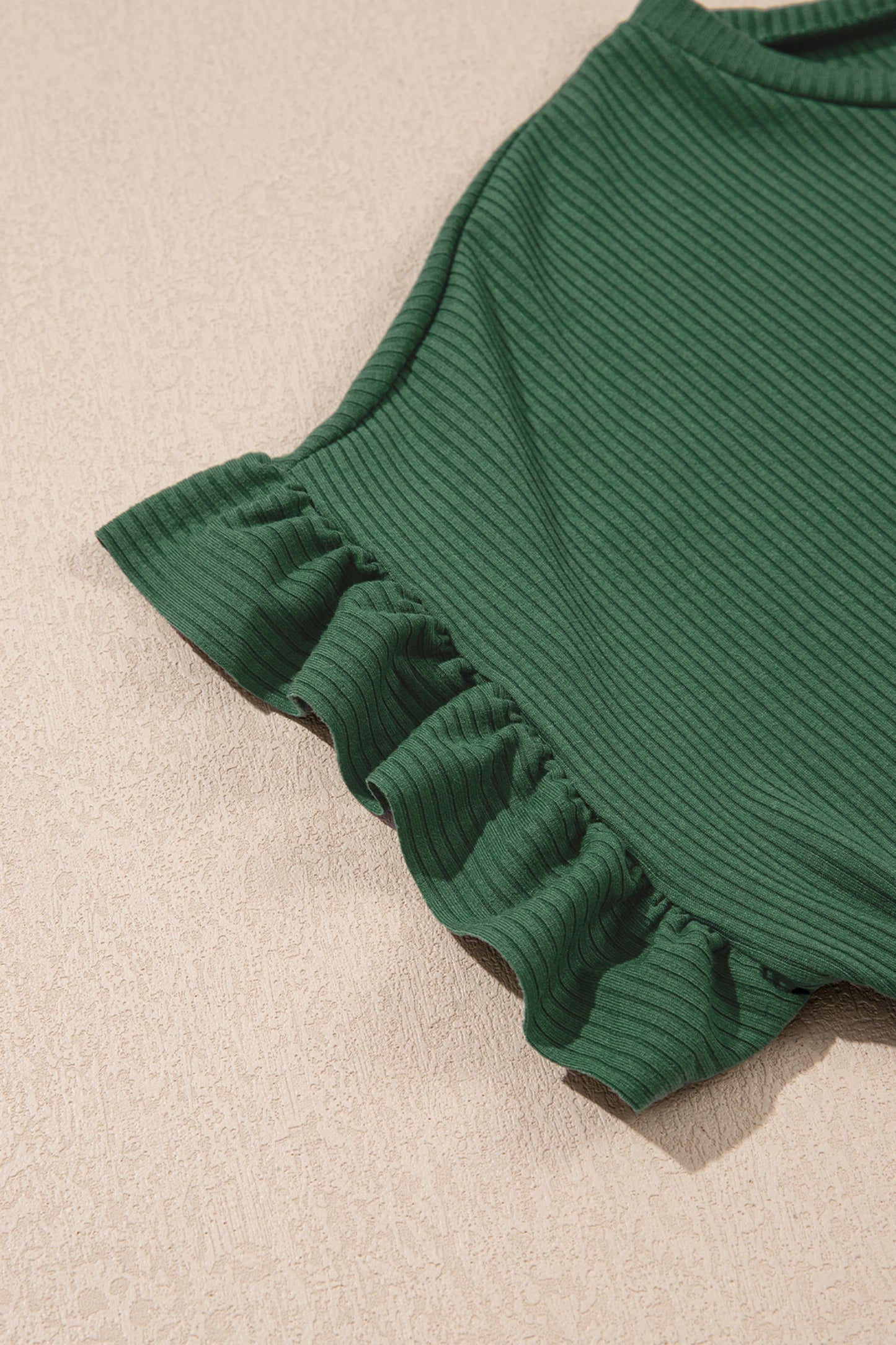Solid Ribbed Knit Ruffle Short Sleeve T-Shirt