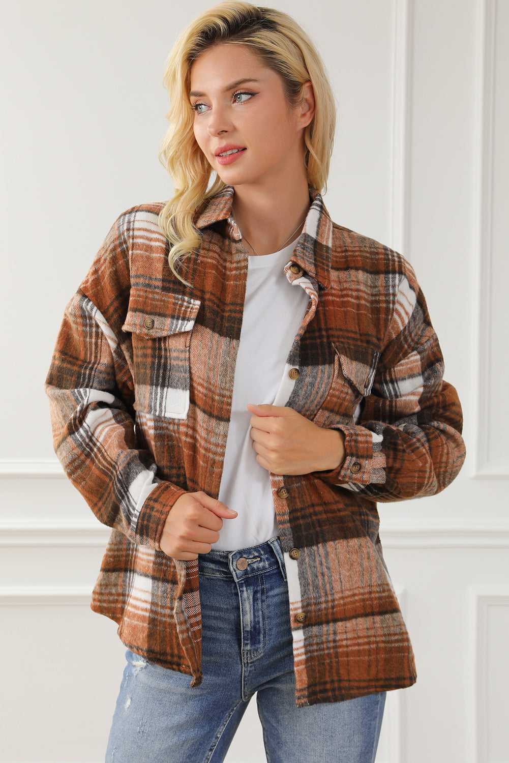 Plaid Flap Chest Pockets Shacket