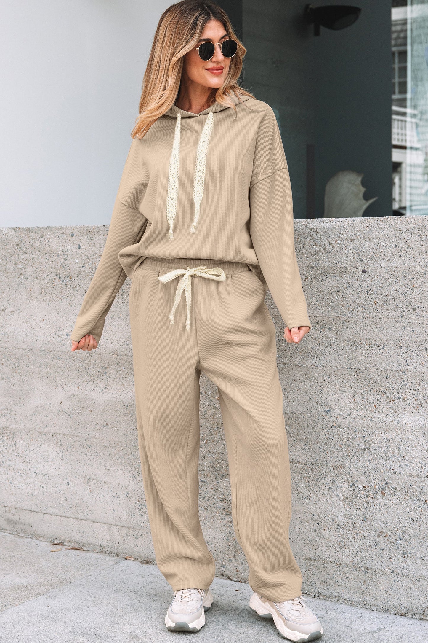 Solid Corduroy Lace Hoodie and Pants Set