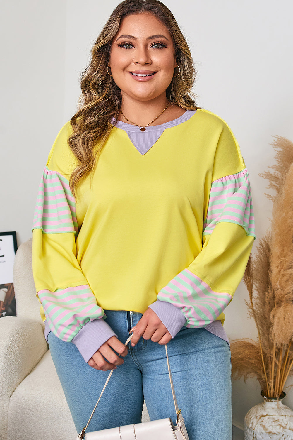 Plus Size Stripe Colorblock Patchwork Long Sleeve Crewneck Sweatshirt