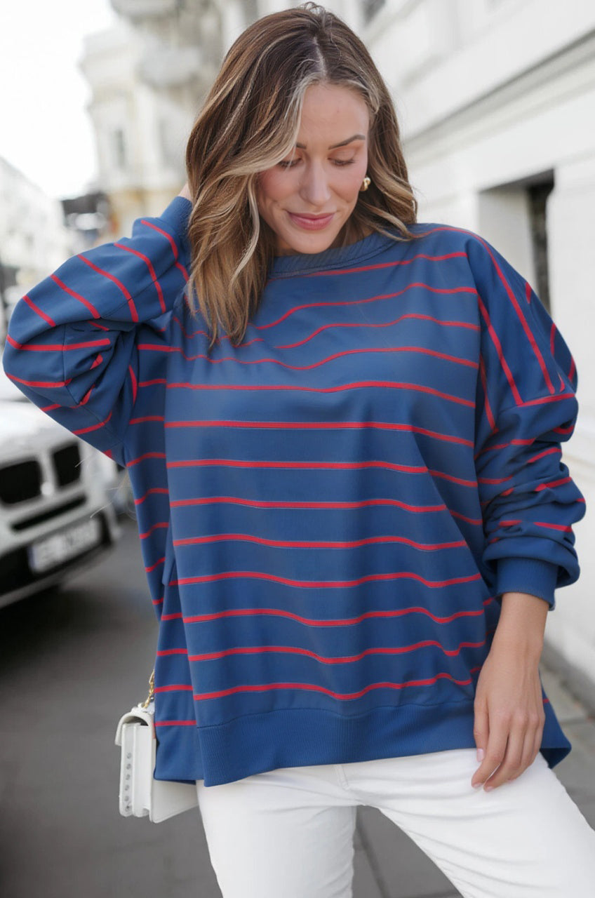 Stripe Overlap Drop Shoulder Pullover Sweatshirt