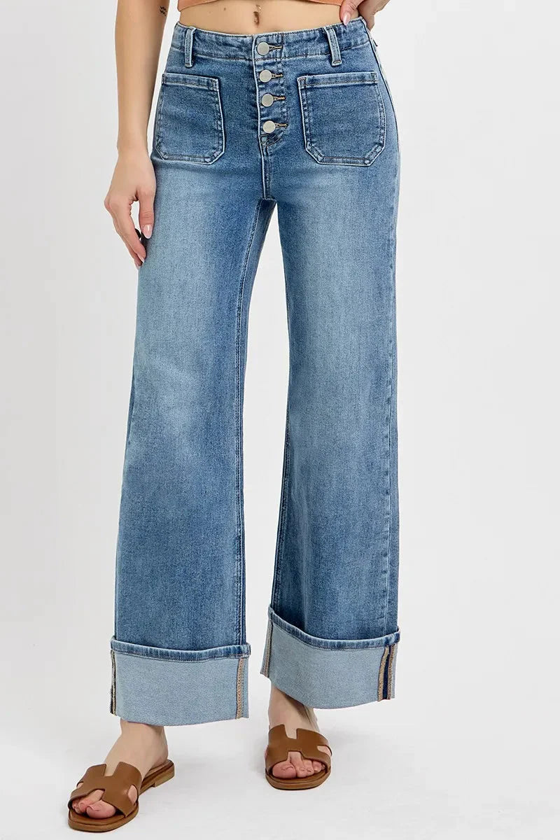 RISEN Jeans - High Rise Ankle Wide Button Patch Pocket Cuffed Jeans
