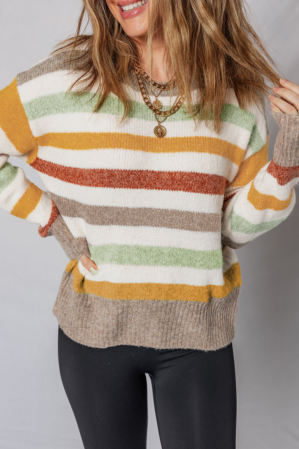 Stripe Colorblock Drop Shoulder Crewneck Sweater