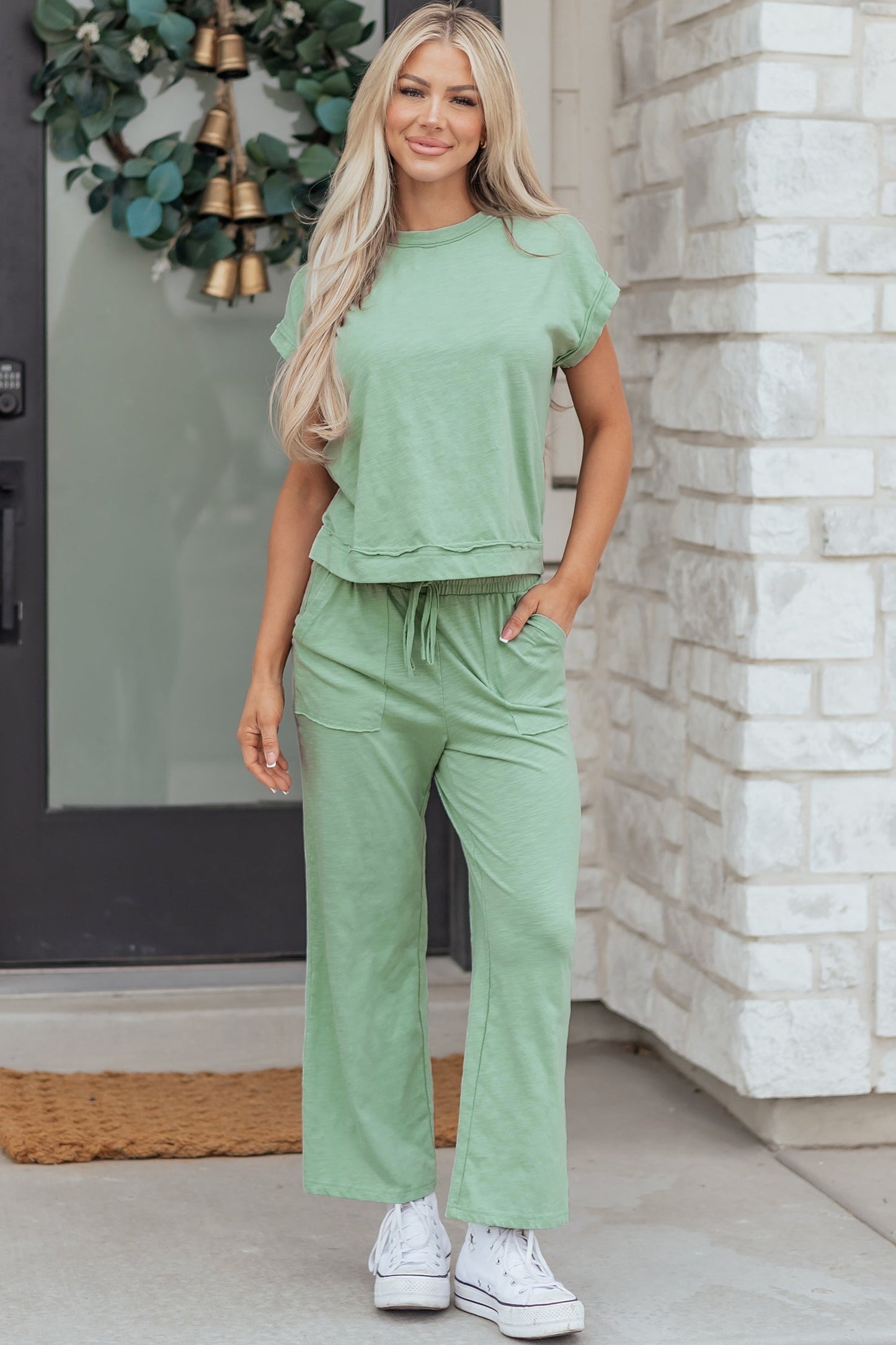 Solid Short Sleeve Tee and Drawstring Pants Set