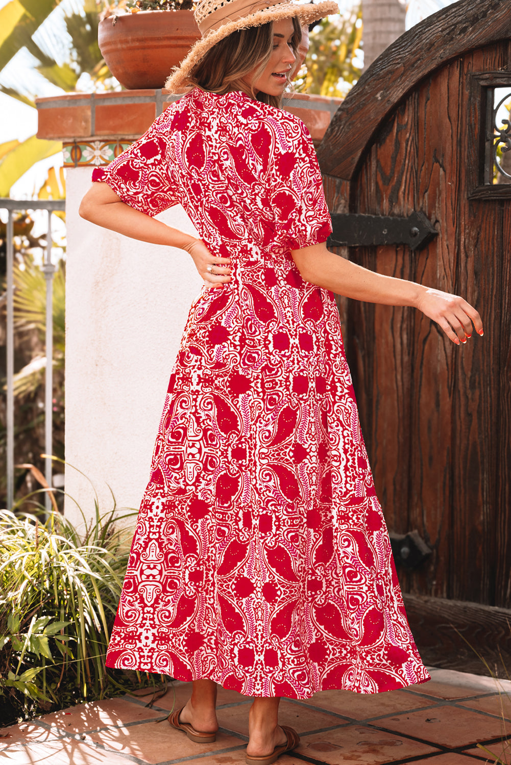 Paisley Side Slit Puff Sleeve Maxi Dress