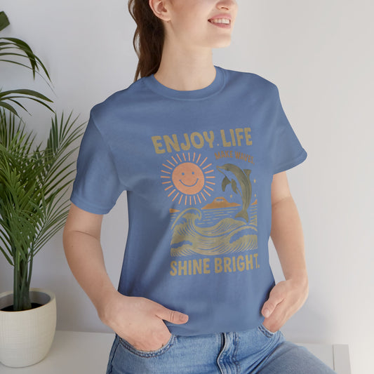 Enjoy Life Short Sleeve Tee - Retro Beach Vibes, Summer Style, Perfect Gift, Casual Wear, Dolphin Design, Fun Shirt
