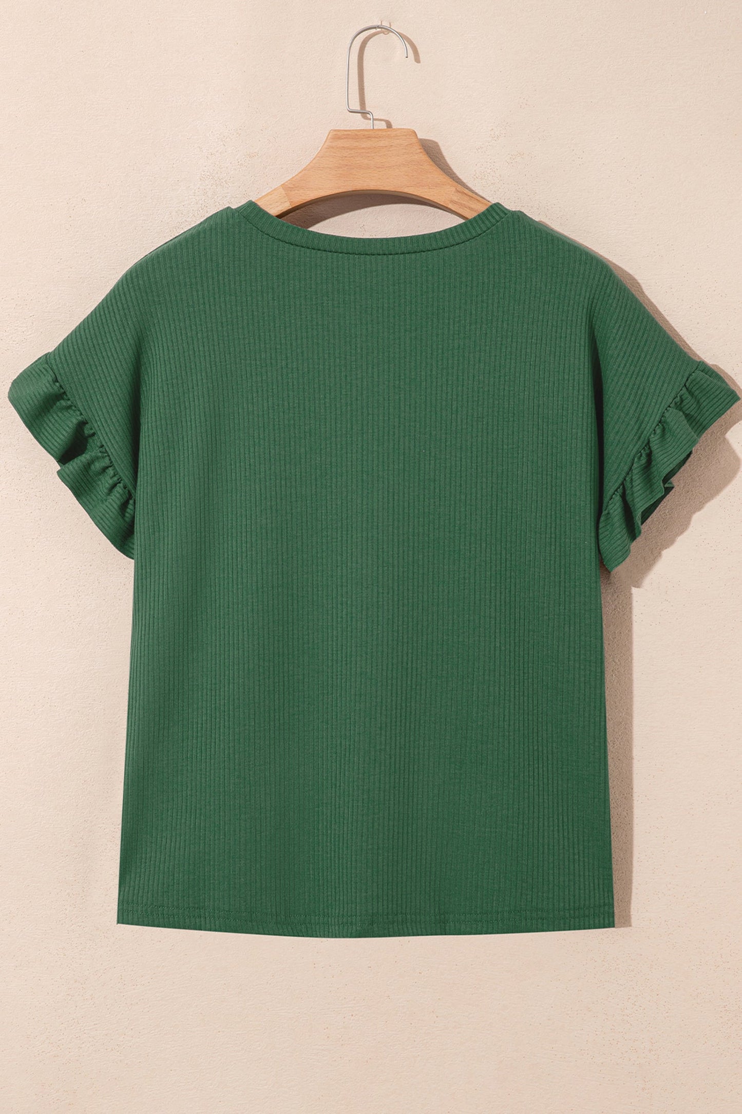 Solid Ribbed Knit Ruffle Short Sleeve T-Shirt