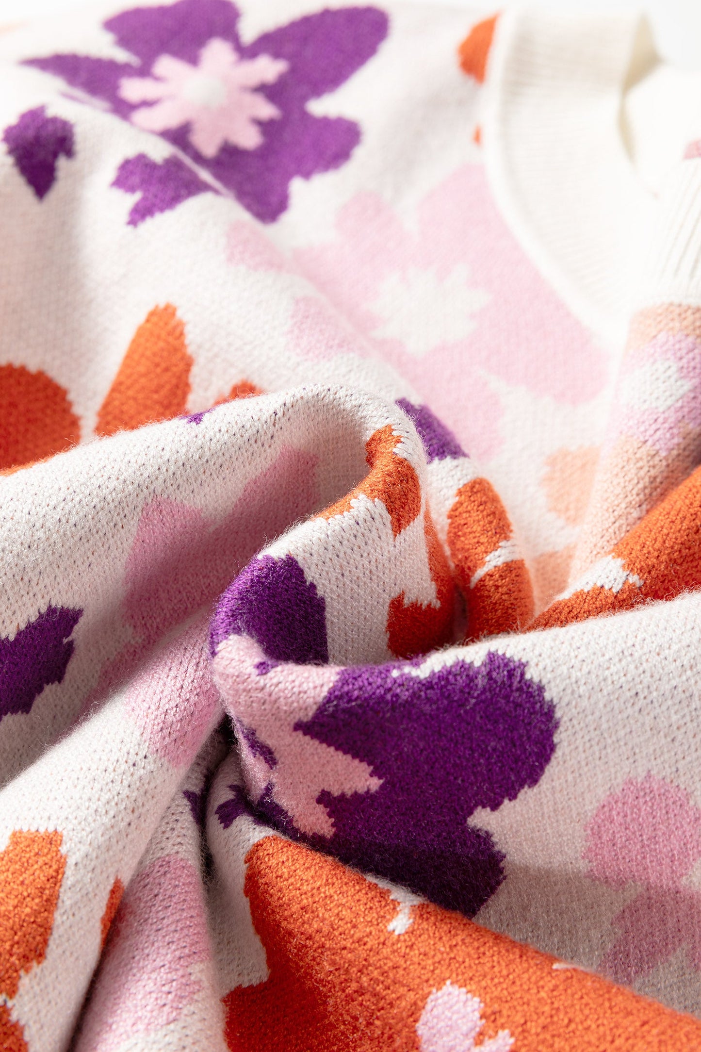 Floral Ribbed Trim Drop Shoulder Sweater