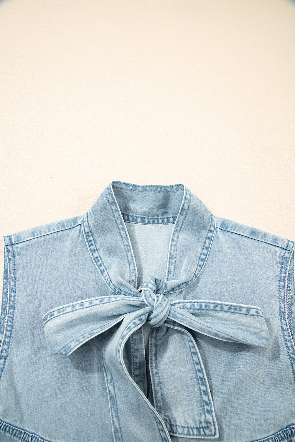 Chambray Bow Neck Sleeveless Ruffle Dress