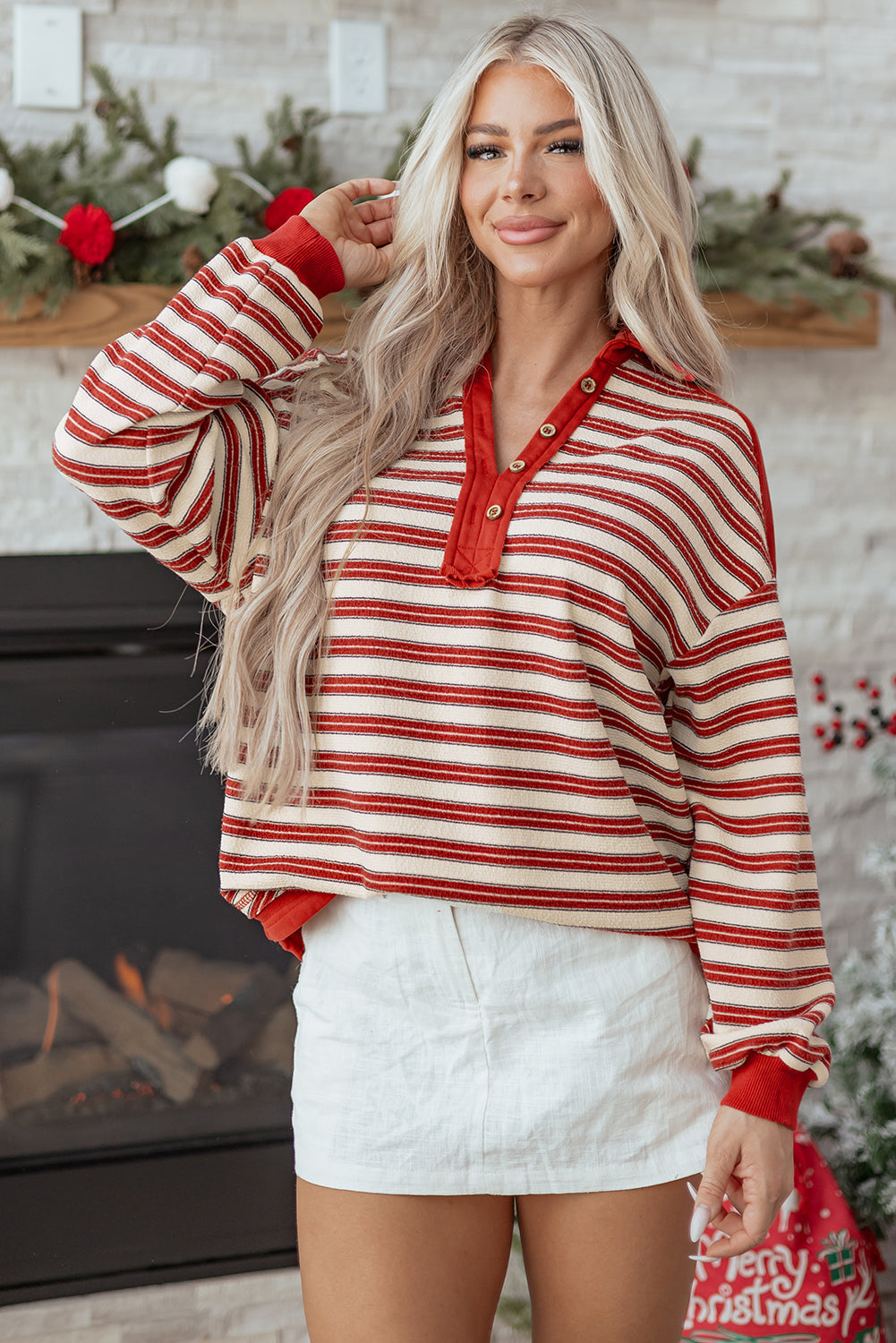 Stripe Buttoned Collared V-Neck Drop Shoulder Top