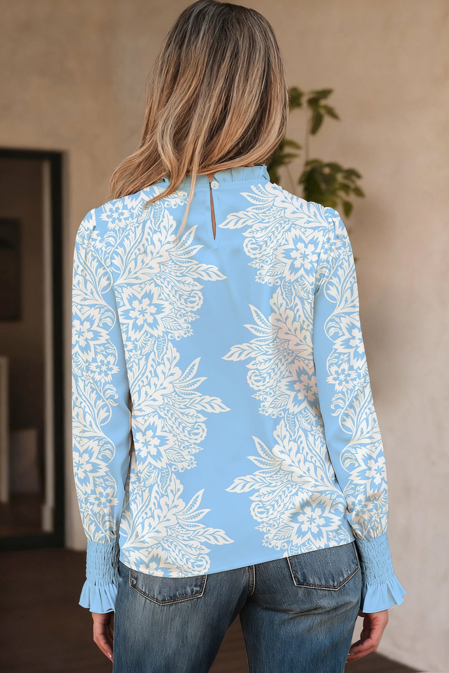 Floral Ruffle Collar Puff Long Sleeve Blouse