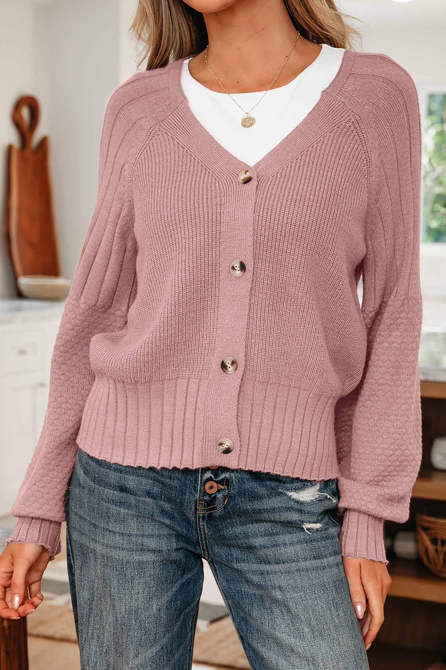Textured Knit Button Front V-Neck Cardigan