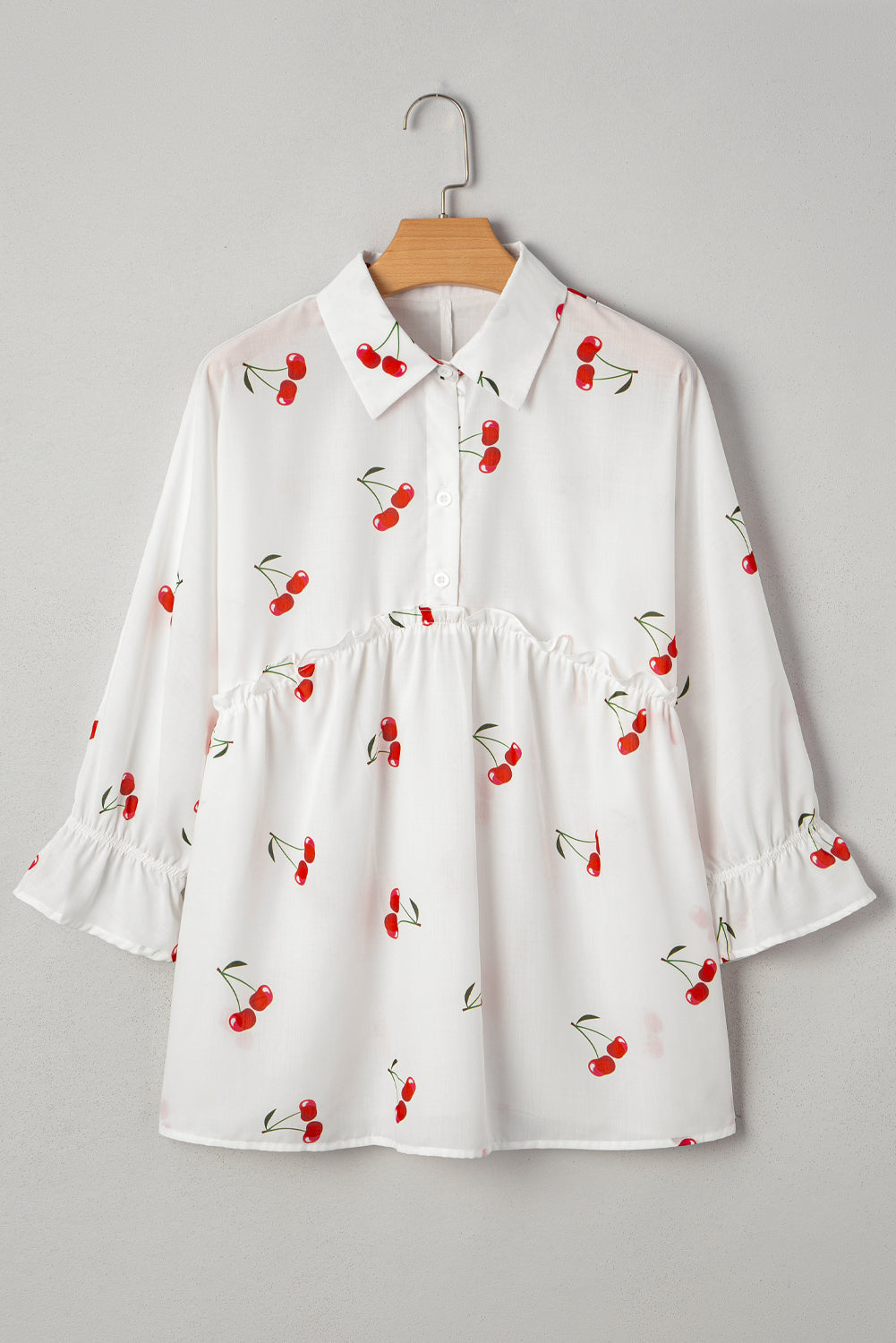 Cherry Frilled Collar 3/4 Sleeve Babydoll Blouse