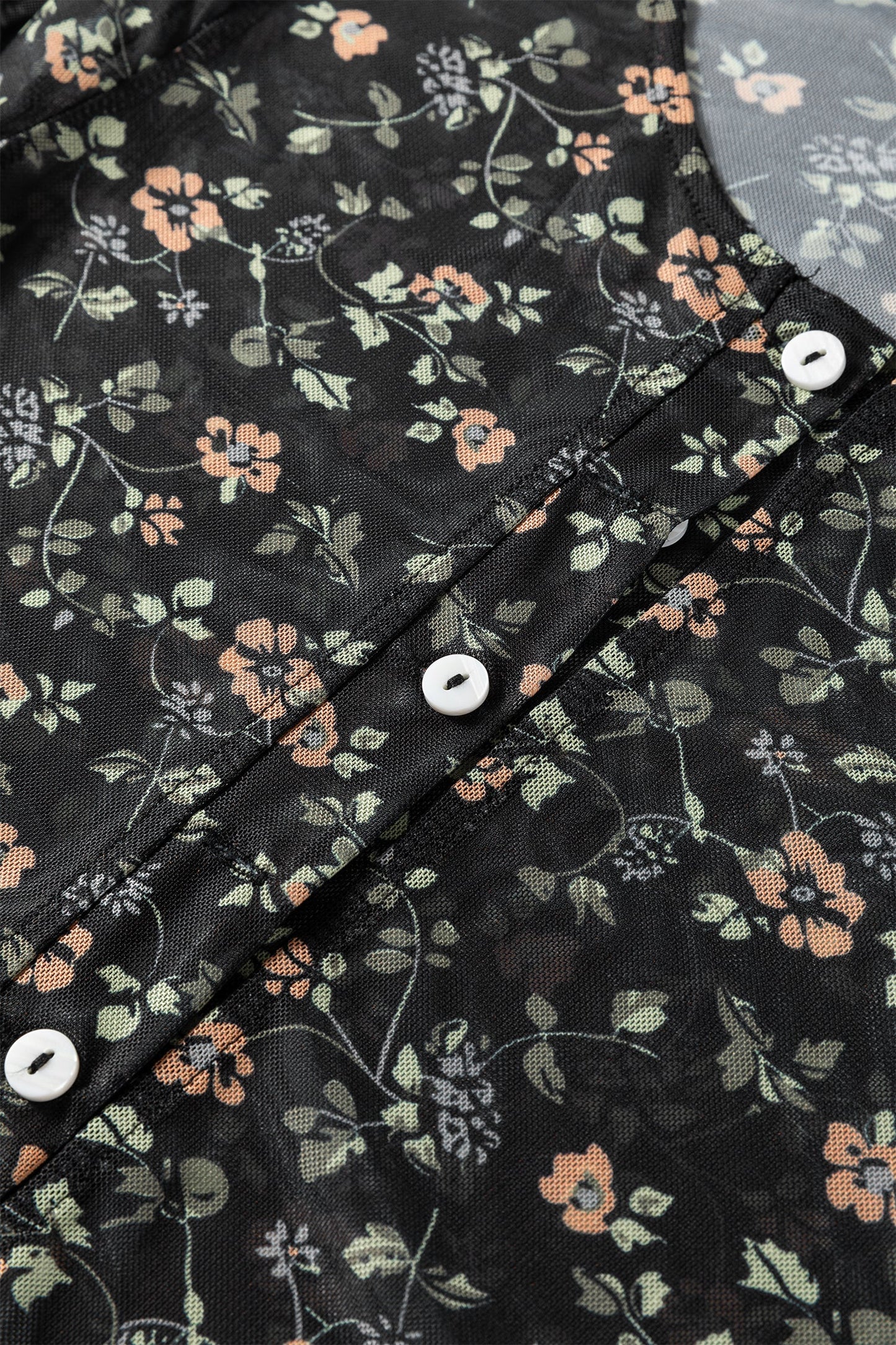 Black Floral Print Mesh Tank Button Front Slim Cardigan 2pcs Set