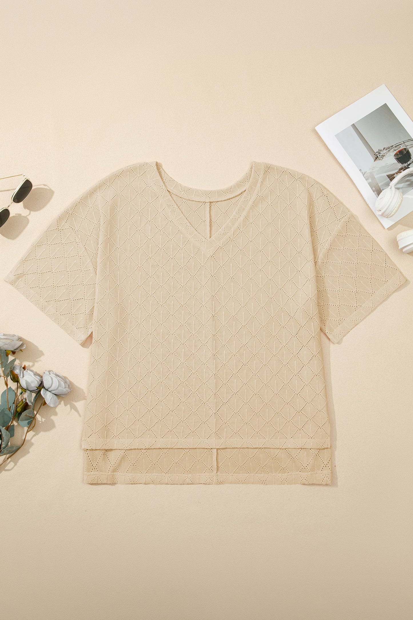 Plus Size Rhombus Pointelle Knit V-Neck Top