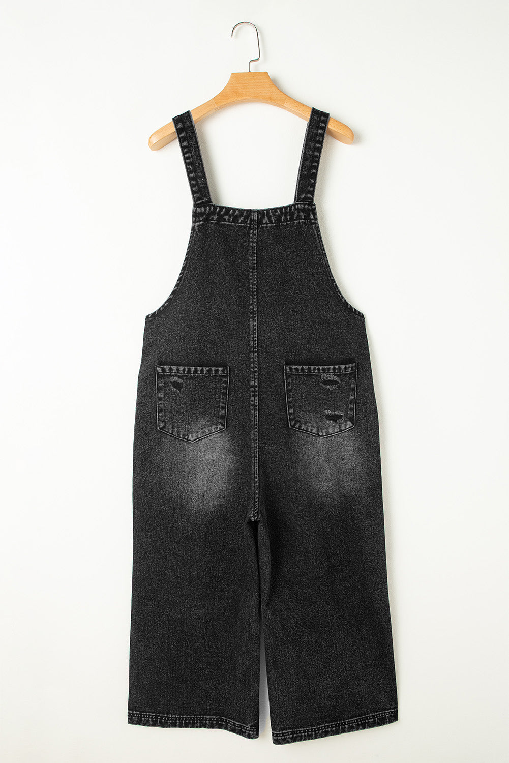 Solid Denim Distressed Bib Pocket Wide Leg Overall