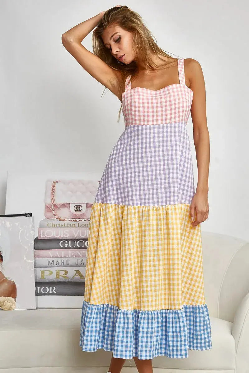 BiBi Color Block Tiered Gingham Dress