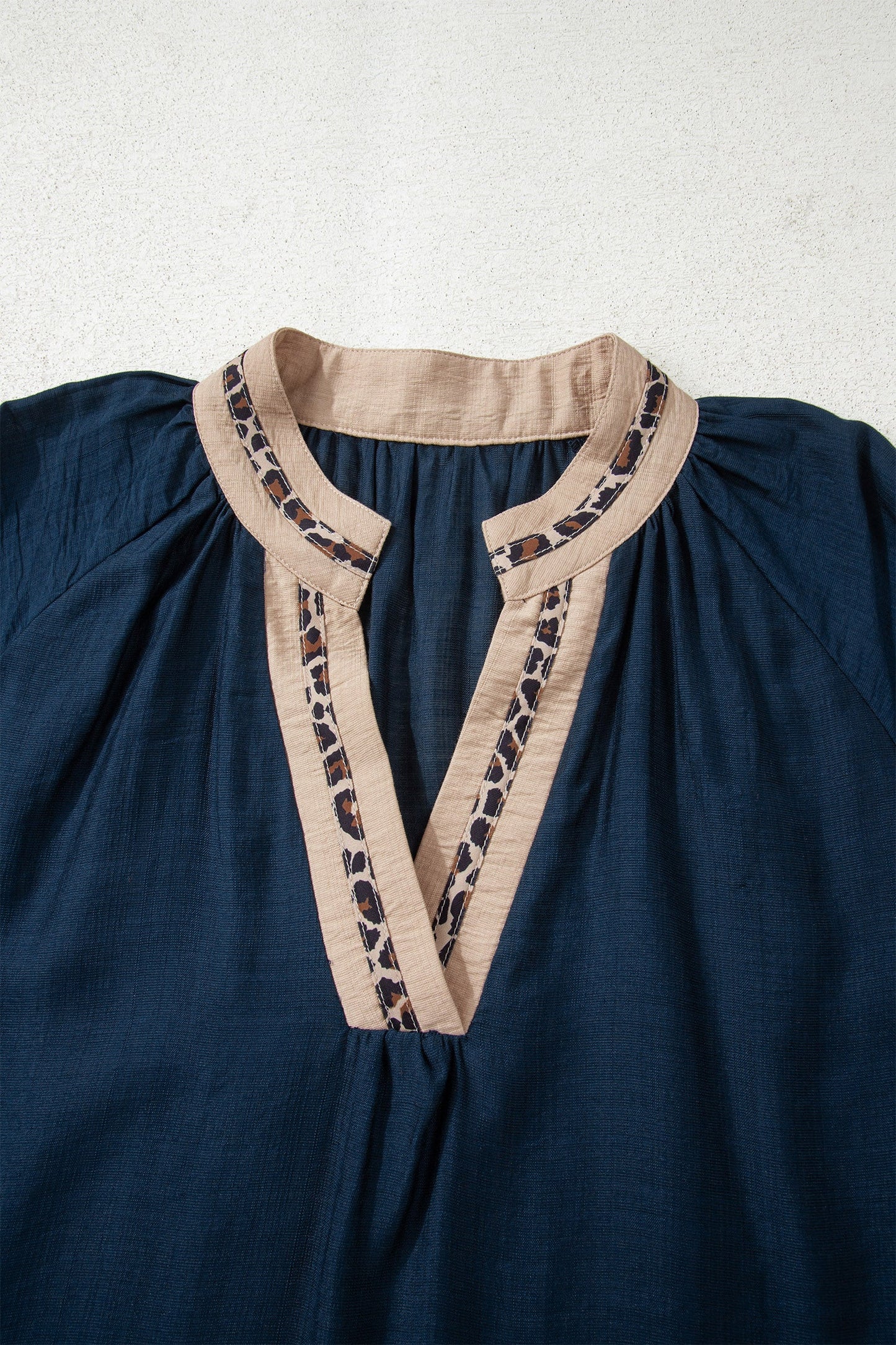 Plus Size Leopard Contrast Collar Long Sleeve Blouse