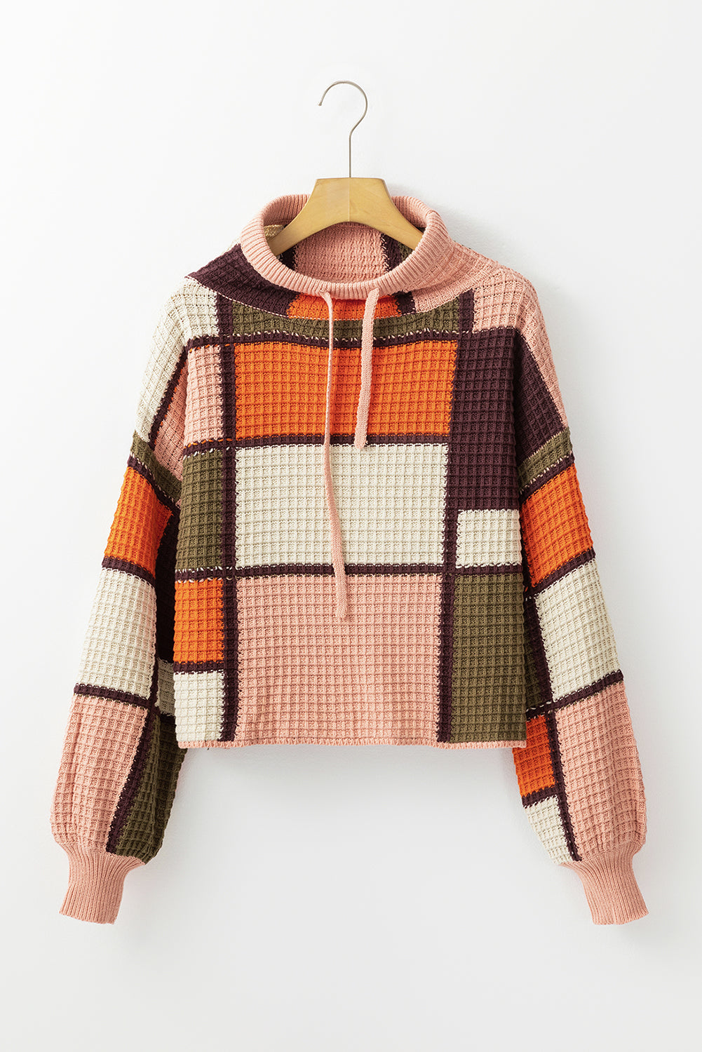 Colorblock Waffle Knit Drawstring Mock Neck Sweater
