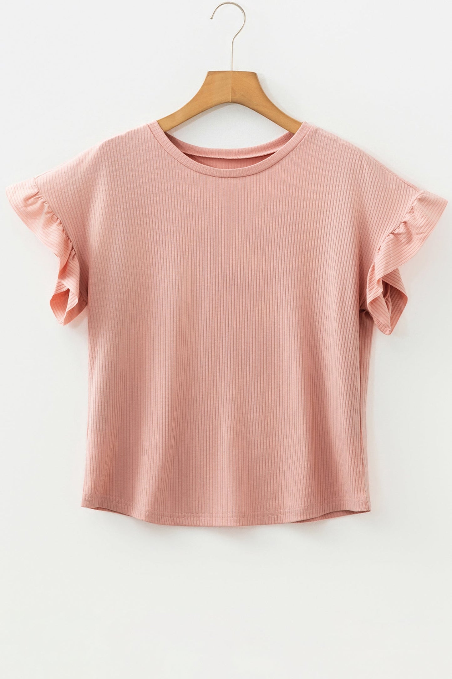 Solid Ribbed Knit Ruffle Short Sleeve T-Shirt