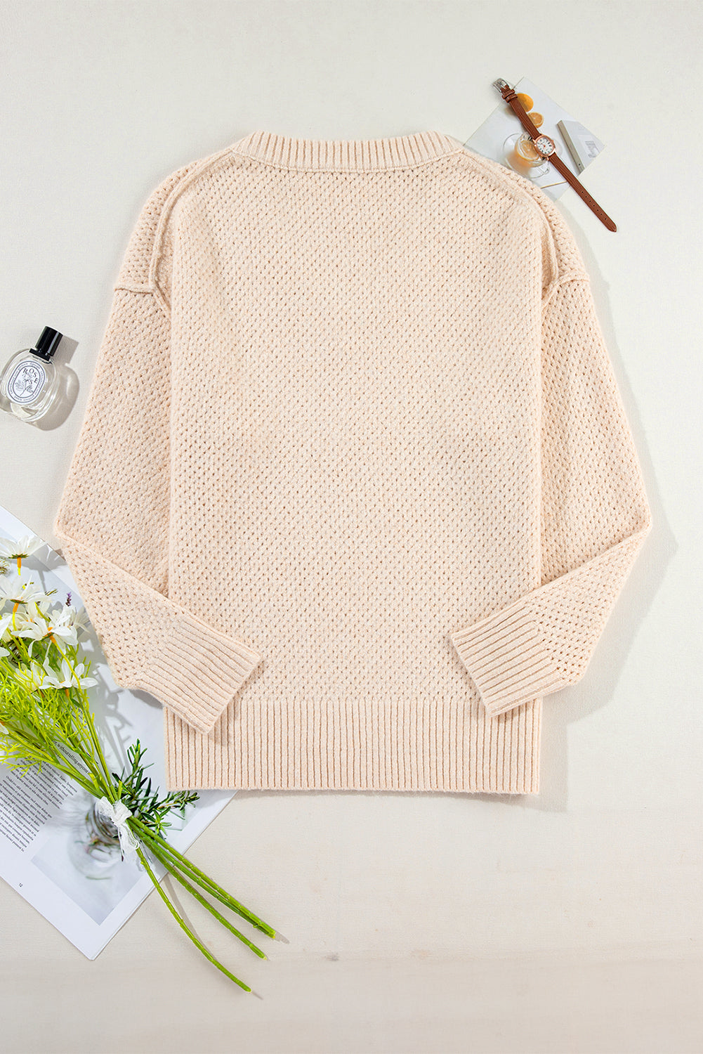 Solid Eyelet V-Neck Drop Shoulder Sweater