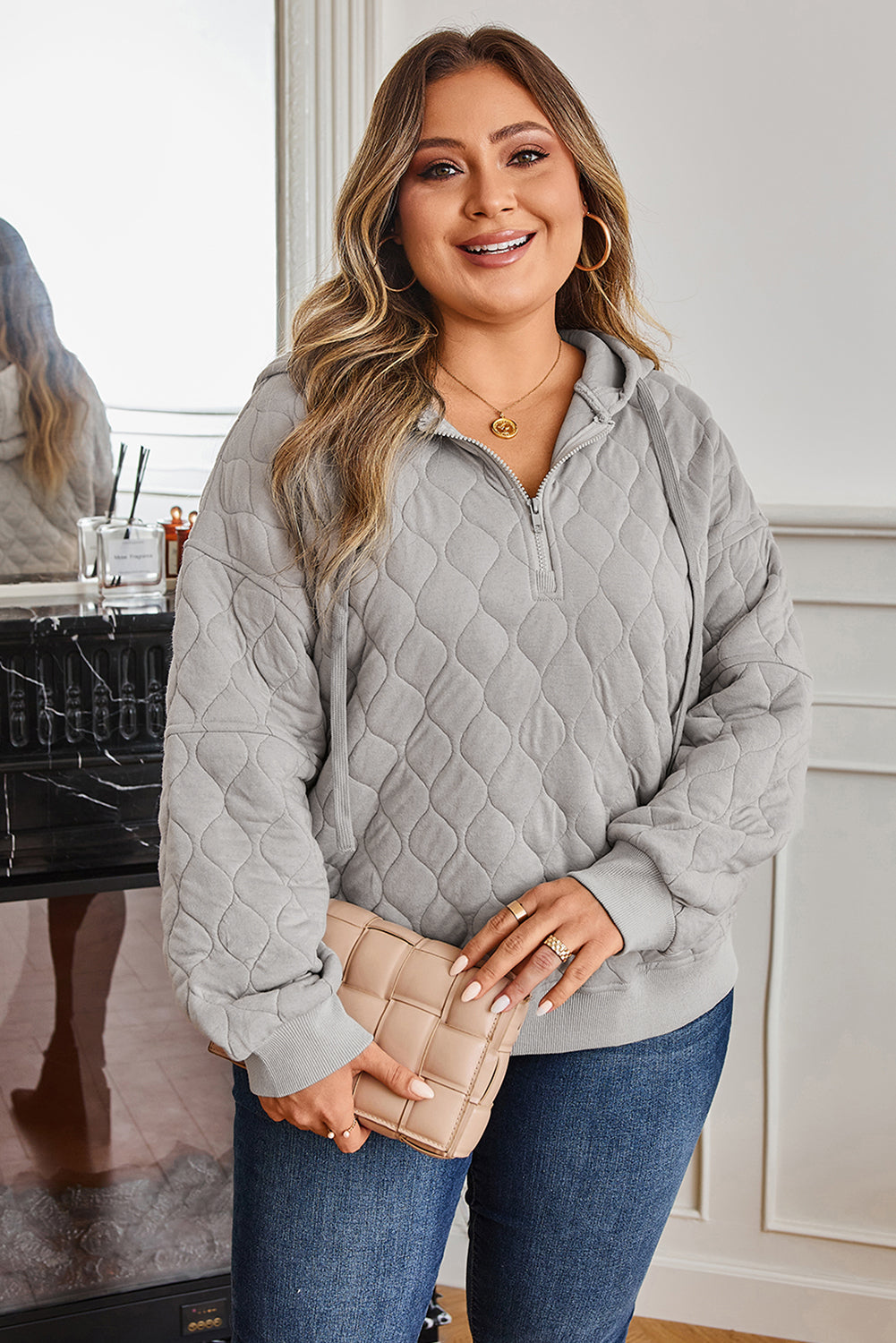 Plus Size Solid Quilted Quarter Zip Hoodie