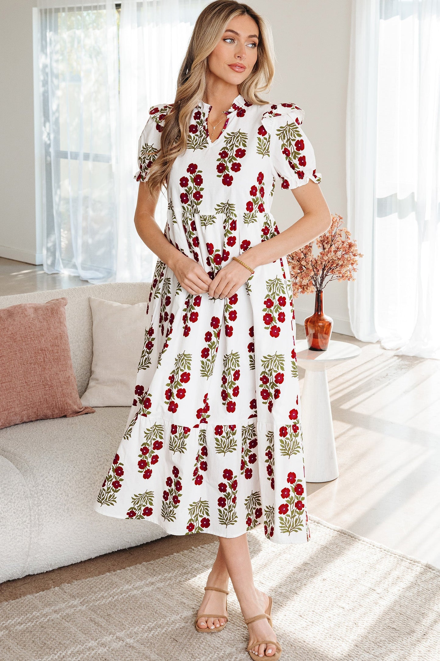 Floral Bubble Sleeve Tiered Maxi Dress